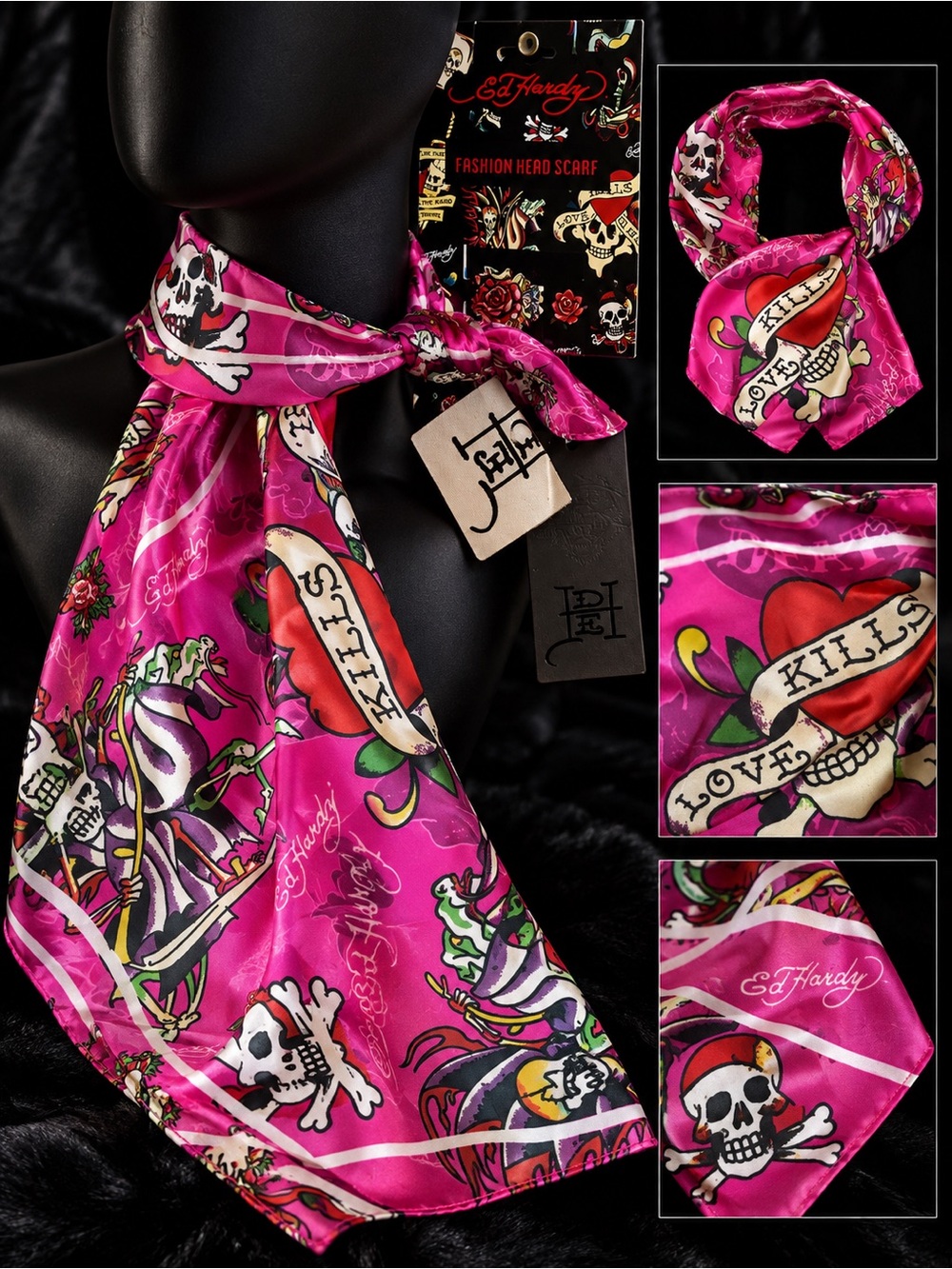 Ed Hardy Hot Pink Tattoo Skull Silk Scarf
